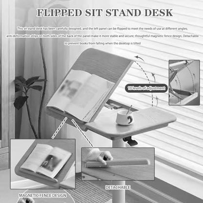 Sit Stand Hospital Workstation, Height Adjustment Stand Up Desk, Flipped Mobile Podium, Sofa Side Table with Rollers(Brown) - color: Brown