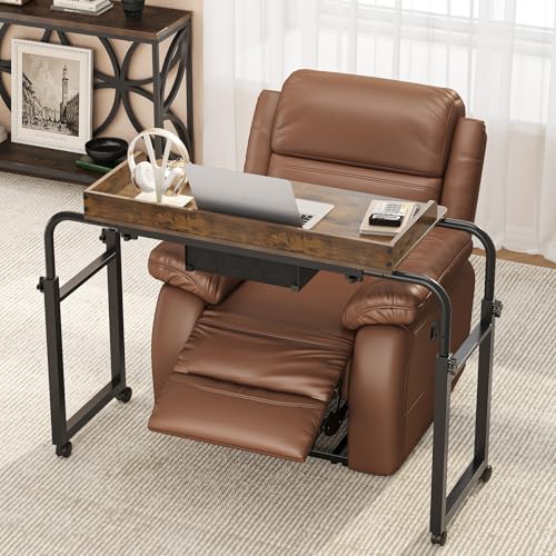 GiftGo Over Bed Table with Wheels, Recliner Table Bed Desk, Adjustable Height and Length Laptop Table with Storage Drawer Metal Leg for Bedroom Home Office Hospital (Rustic Brown, 39.3" to 55.1") - color: Rustic Brown