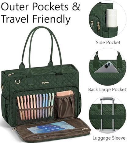 Bagstellar Teacher Tote Bag for Women, 15.6" Laptop Work Tote Computer Bag | Quilted Bible Nurse Bag with 40oz Cup Holder, Insulated Pocket & Strap, Large Laptop Briefcase for School Travel Office Gifts - color: Dark Green