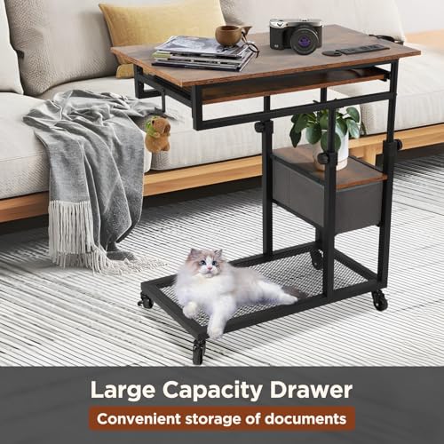 FAHKNS Adjustable C Table with Charging Station, Tiltable Desk C Shaped End Table for Couch, Over Bed Table with Wheels Adjustable Height, Hospital Laptop Stand Drawing Desk