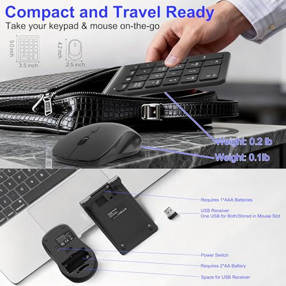 22 Keys Wireless Number Pad and Mouse-Black,2.4GHz Numeric Keypad with Mouse 3 Adjustable DPI,Financial Keypad and Mouse Combo for Data Entry and Accounting,Numpad Keypad Set for Laptop,Mac,Desktop,PC