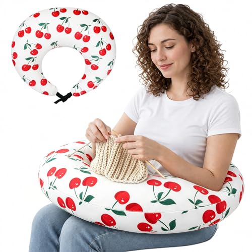 Ergonomic U-Shaped Gaming & Lap Pillow for Crocheting - Cute Little Cherry Crochet Pillow with Elbow & Arm Support, Lap Desk Pillows for Reading, Playing or Crocheting, Suitable for Adults - color: Little Cherry