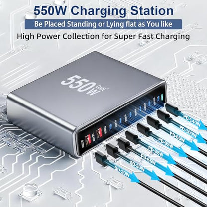 550W USB C Fast Charger Block, PD3.1 140W 8 Port USB Charging Station, GaN Ⅲ Pro PD PPS Fast Charging Station for Multiple Devices,Laptop Wall Charger Compatible with iPhone 17/iPad/MacBook etc - size: 550W+A 240W Braided Nylon Fast Charging Cable