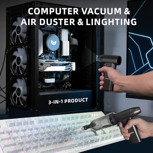 Electric Compressed Air Duster Vacuum Cleaner LED Light 180000 RPM | 5-Speed Handheld Mini Blower Storage Bag PC Cleaning Kit USB-C Rechargeable for Keyboard Home Outdoor Car BBQ Grill