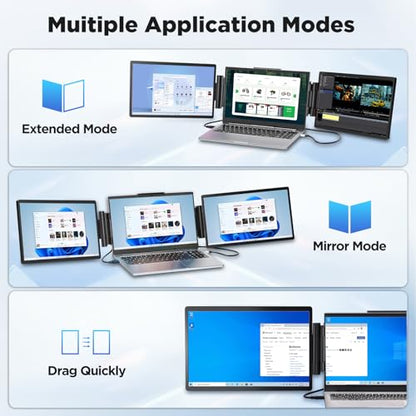 Laptop Screen Extender, 14" 1200P FHD IPS Light & Portable Triple Monitor 16:10 for 13.3"-16" Laptops, USB-C & HDMI Plug & Play Monitor Extender with Metal Stand for Mac/Wins/Android/Chrome