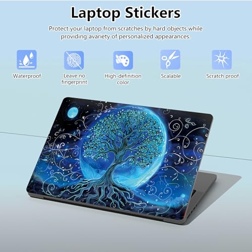 Universal Laptop Skin Sticker with 2 Wrist Pad Skins, Waterproof Scratch Resistant Vinyl Laptop Cover Decal, Cut to Fit for 11–15.6 Inch MacBook HP Dell Lenovo, Blue Art Tree Moon - color: Blue Art Tree Moon