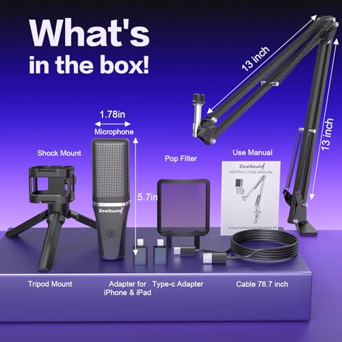 ZealSound Microphone for PC, USB Condenser Gaming Mic with Noise Reduction, Gain Control, Mute, Zero-Latency Monitoring, RGB Lighting, Boom Arm & Tripod Stand for Mac iPhone Android Podcasting TikTok