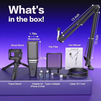 ZealSound Microphone for PC, USB Condenser Gaming Mic with Noise Reduction, Gain Control, Mute, Zero-Latency Monitoring, RGB Lighting, Boom Arm & Tripod Stand for Mac iPhone Android Podcasting TikTok