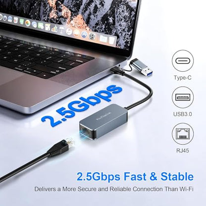 USB C to Ethernet Adapter 2.5Gbps, 2-in-1 USB 3.0 & USB-C to RJ45 Network Adapter, 2500Mbps Gigabit LAN Converter with Aluminum Shell, Plug and Play for NAS, MacBook Pro/Air, XPS/Windows/Mac OS/Linux