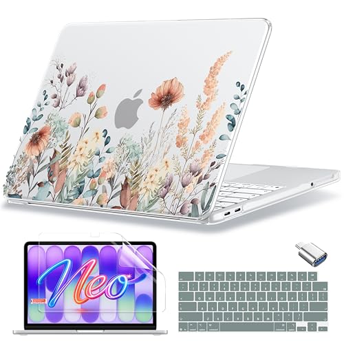 MecBevia Compatible with MacBook Neo Case 13 inch 2026 A3404 A18 Pro Chip | 4-in-1 Kit, Neo Hard Shell Case Cover & Keyboard Cover & Screen Protector & Type C, Abstract Flower - color: Abstract Flower