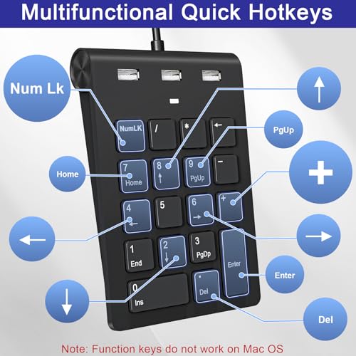 USB C Wired Number Pad, USB Numeric Keypad with 3 USB 2.0 Ports, 18 Key Number Pad Portable Slim Mini Keyboard for Laptop/Desktop/ Surface/ iPad, USB Number Keypad for Windows/MacOS/Chrome OS, Black