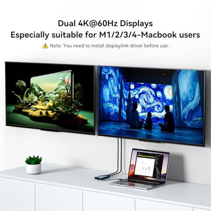 ACASIS USB C to Dual HDMI DisplayLink Adapter for Mac M1/M2/M3/M4/Windows | USB C DisplayLink Docking Station with 2HDMI 4K@60Hz, 3USB-A Ports, 100W PD Charging ,USB A/C to Dual Monitor,Grey - color: Gray