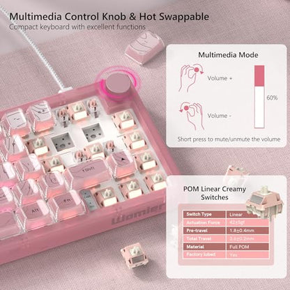 Womier 60% Percent Keyboard Pink Mechanical QMK/VIA Gaming Keyboard | Creamy Keyboard Topographic, Hot Swappable Gasket Mount RGB Wired Key board & Translucent Keycaps (VK66 PRO) - color: V-Pink1