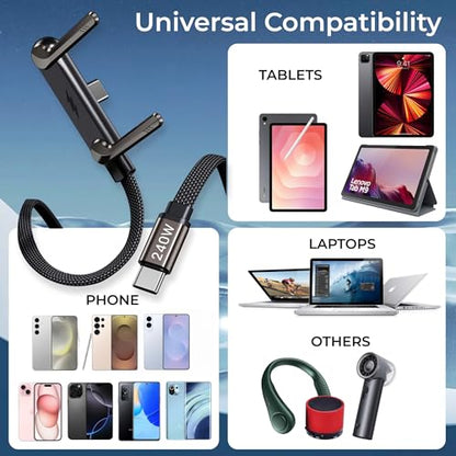 240W Sideways Phone Charger with Invisible Holder, Right Angle USB C to USB C Cable, Flat Chubby Cable with Stand, Fast Flat Phone Charger for iPhone 15, Galaxy S24, Laptop, Switch
