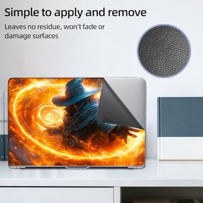Aesthetic Laptop Skin Sticker, Blue Hat Mage with Swirling Fire Magic Waterproof Vinyl Laptop Decal, Removable Bubble Free, Reusable Protective Cover for 13 14 15 15.6 Inch - color: Blue Hat Mage with Swirling Fire Magic