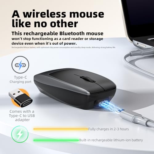 FMOUSE Ultra-Compact 2-in-1 Wireless Bluetooth Mouse & TF Card Reader - Includes 8GB TF Card, 3.07×1.49×0.87in / 30g, USB-C Rechargeable, for MacBook iPad Laptop Chromebook, Travel Business, Grey - color: Grey / With 8GB TF Card