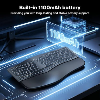 MOKURU Wireless Ergonomic Keyboard, Split Keyboard with Wrist Rest, Full Size 2.4G BT Computer Keyboard, Compatible with Windows, Mac OS, PC Computer/Laptop (Black)