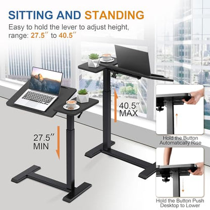 Adjustable Overbed Bedside Table with Hidden Wheels, Pneumatic Tilt Board Rolling Laptop Standing Desk Cart, Mobile Over Bed Sofa Chair Side End Tables, Walnut (Black) - color: Black