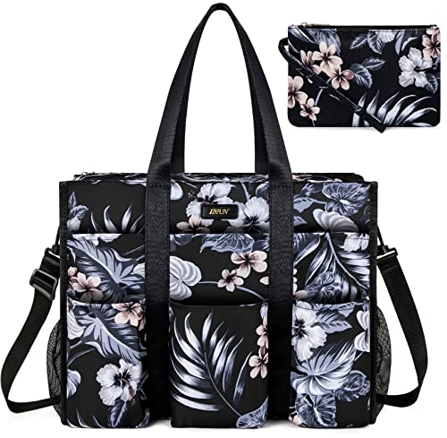 IBFUN Women - Utility Tote Bag with 24 Pockets and Laptop Compartment, Work Tote for Women - color: B6-l-black/Leaves, size: Large