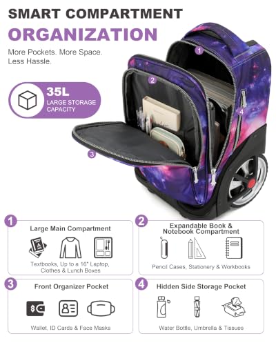 NEW TILAMI 19 Inch Rolling Backpack with Lunch Bag School Stair-Climbing | Stair-Climbing Teen Boys Girls Carry-on Suitcase Large Compartment 15.6 Laptop Sleeve Adjustable Handle Roller Travel Bag - color: Purple Starry