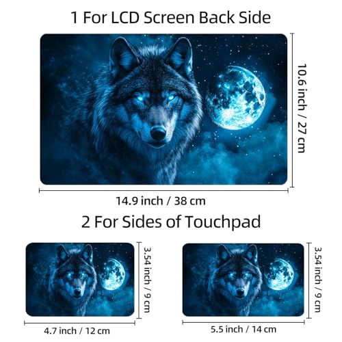 Universal Laptop Skin Sticker Decal, 12"-15.6" Aesthetic Vinyl Wrap, Blue Wolf with Glowing Moon Waterproof Notebook Cover Art Protector for MacBook HP Dell Lenovo, Fits 13" 14" 15" 15.6" - color: Blue Wolf with Glowing Moon