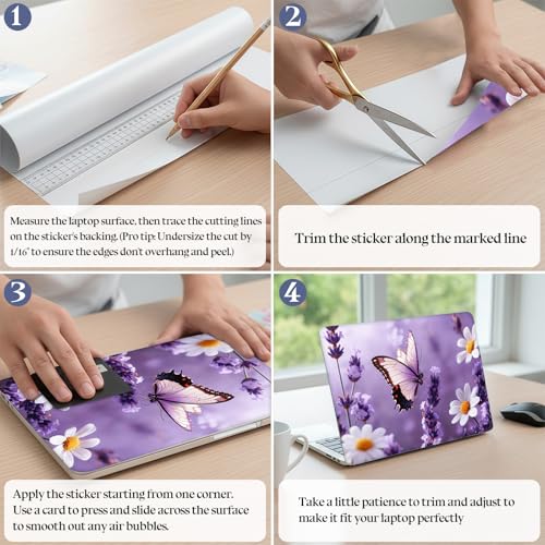 Universal Laptop Skin Sticker Decal, 15.6 Inch Laptop Vinyl Cover for 13"-15.6" Laptop, Waterproof Scratch-Resistant Protector Wrap,Reusable with Wrist Pads,Purple Butterfly Lavender Daisies - color: Purple Butterfly Lavender Daisies