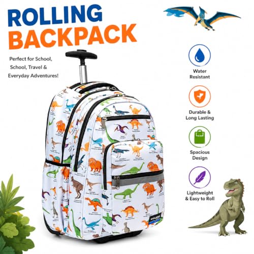 Heavy Duty Rolling Backpack School Bookbag with Wheels Deluxe Wheeled Daypack - color: Dino