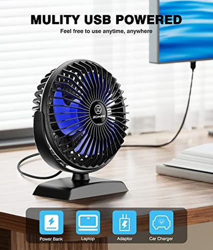 JZCreater USB Desk Fan, 360 Rotation Personal Cooling Fan with 3 Speeds, Quiet, Small, USB Powered for Home, Office, Bedroom, Car, Travel, Black - color: 282-Black+Blue