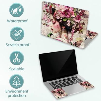 Universal Laptop Skin Decal, 3-Piece Vinyl Protector for 12 13 14 15.6" Notebook, Waterproof Anti-Scratch, Easy Trim & Bubble-Free Finish, Geisha with Flowers in Hair - color: Geisha with Flowers in Hair