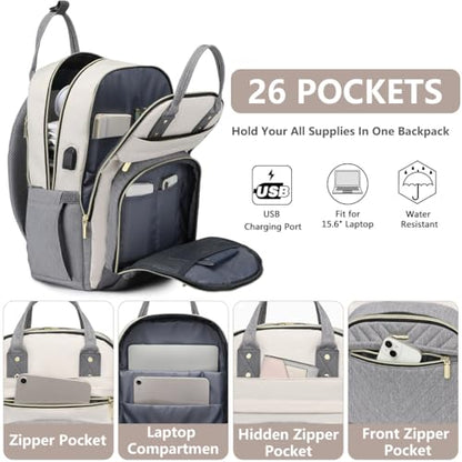 Laptop Backpack Women Work Bag - Travel Backpack Purse with USB Charger 15.6 Inch Nurse Bag College Teacher Business Backpack Waterproof Laptop Bag Beige Grey - color: 6-beige Grey, size: 15.6 Inch