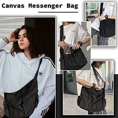 Canvas Messenger Bag Large Hobo Crossbody Bag with Multiple Pockets Casual Shoulder Tote Bag for Women and Men - color: Black