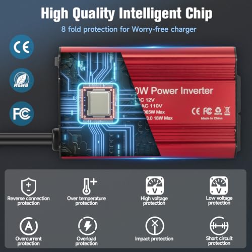 400W Power Inverter 12V DC to 110V AC, Car Charger Plug in Adapter Outlet with PD 65W USB-C&QC 18W Port, Portable Power Converters for Laptop Vehicles Camping Road Trip Essentials Adults - color: RED