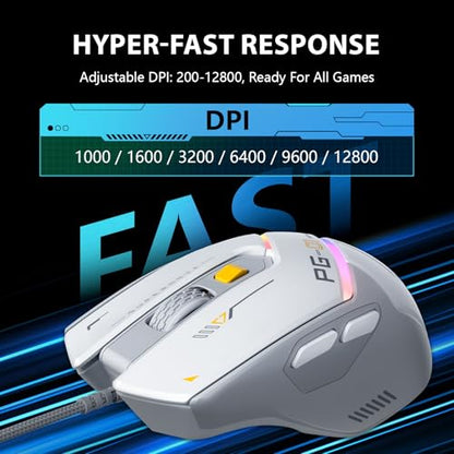 INPHIC PG1 Wired Computer Gaming Mouse Ergonomic, 12800 DPI High-Precision, 6 Programmable Buttons, RGB Backlit for Gaming - White Gray - color: White