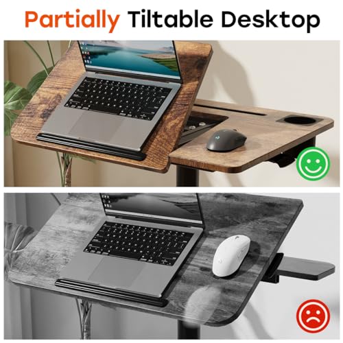 JOY worker Mobile Sit Stand Desk, 60° Tiltable Portable Desk, Rustic Brown | Pneumatic Height Adjustable Cart, Rolling Sit Stand Desk with Wheels & Cup Holder for Office Home School, Holds Up to 22lbs - color: Rustic Brown