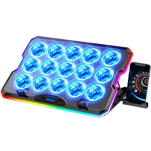 AIMIUZI Gaming Laptop Cooling Pad, Laptop Cooler with 15 Quiet Fans for 12-17.3 Inch Notebook, Slim Portable Laptop Cooling Stand with 7 Height Adjustable, 2 USB Ports, Phone Stand