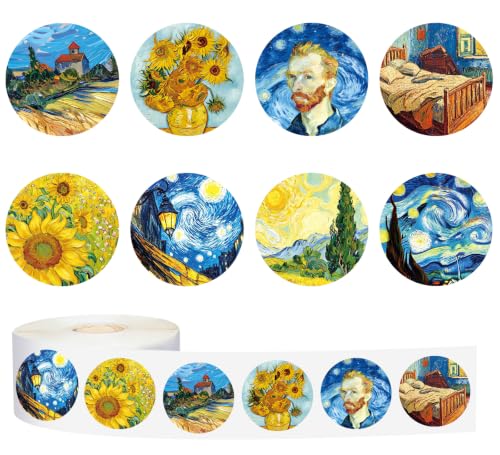 Whaline 500Pcs Van Gogh Art Stickers 8 Designs Oil Painting Sunflowers Starry Night Stickers Waterproof Self-Adhesive Decals for Water Bottle Laptop Scrapbooking, 1.5 Inch