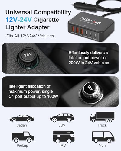 200W Car Charger 6-Port USB Car Charging Station - 12V 24V Cigarette Lighter Adapter Fast Charging Road Trip Automobile Charger for iPhone 17/16 Pro Max, MacBook Pro/Air, Laptop, iPad, Tablet