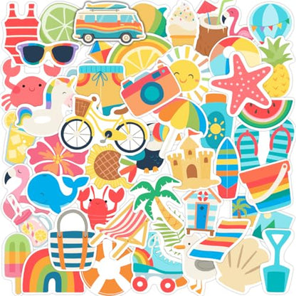 50Pcs Summer Stickers, Cute Vinyl Waterproof Tropical Beach Theme Decals for Kids Water Bottles Laptop Stationery Notebook Skateboard, Sun Surf Party Favors (2-3 Inch)