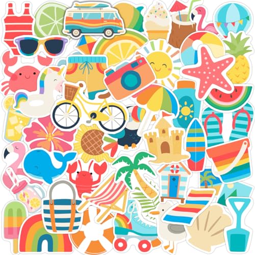 50Pcs Summer Stickers, Cute Vinyl Waterproof Tropical Beach Theme Decals for Kids Water Bottles Laptop Stationery Notebook Skateboard, Sun Surf Party Favors (2-3 Inch)