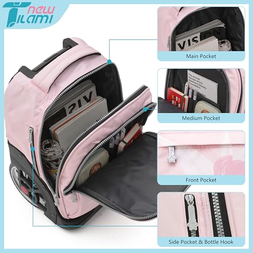 NEW TILAMI 19 inch Rolling Backpack Teens Rolling Backpack Cute Wheeled Laptop Backpack Bookbag Roller Travel Bag College, Flower Fairy (No USB interface) - color: Pink Flower Fairy