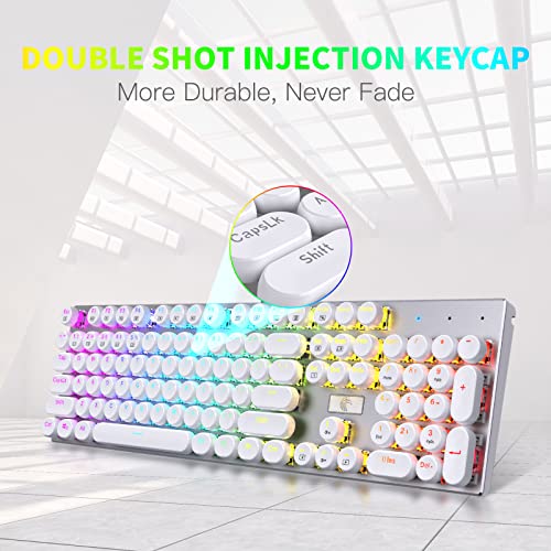 HUO JI E-Yooso Z-88 Wired Typewriter Style Mechanical Keyboard, White | Programmable RGB Backlit, Clicky Blue Switches, Detachable USB-C Cable, Metal Panel, 104 Double-Shot Keycaps for PC Gaming