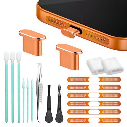 Mobile Phone Speaker Metal Dust Mesh, typeC Charging Port dust Plug, USB C Cleaning Brush Cleaning Tool Set for iPhone 17 Pro. Not for 17 ProMax (Cosmic Orange) - color: Cosmic Orange