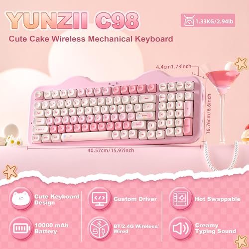 YUNZII C98 Wireless Mechanical Keyboard with Number Pad,99 Key BT5.0/2.4G/USB-C Hot Swap Gasket Mount with PBT MOA Keycaps,Custom RGB,Cute Cake Keyboard for Win/Mac (Pink, Milk V2 Linear Switch) - color: Pink, size: Milk V2 Linear Switch