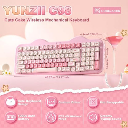 YUNZII C98 Cute Cake Wireless Mechanical Keyboard (Pink, Milk Switch) | 99 Keys with Number Pad, Hot Swap, PBT MOA Keycaps, BT5.0/2.4G/USB-C, Gasket Mount, Custom RGB Backlit for Win/Mac - color: Pink, size: Milk V2 Linear Switch