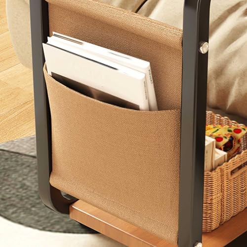 Over Bed Table with Wheels Movable Sofa Side Table with Storage Pockets Space-Saving C-Shaped Side Table with Solid Wood Tabletop for Living Room, Bedroom(Brown) - color: Brown