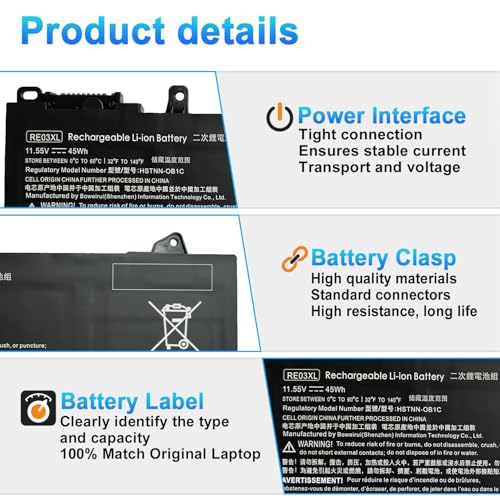 RE03XL L32656-005 Laptop Battery Replacement for HP ProBook 450 G6 450 G7 440 430 445 455R G6 430 440 445 G7 Series HSTNN-UB7R HSTNN-OB1C HSTNN-OB1C L32407-2C1 - size: 9.84*2.83*0.28inch RE03XL