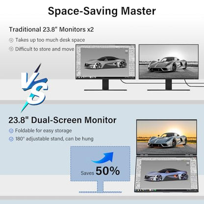 InnoView 23.8" FHD Dual Portable Monitor 1920x1080P 100% sRGB - Foldable & Stackable Design with 315° Screen Adjustment & 180° Stand | USB-C/HDMI, Dual Monitor for Laptop, Mac, Windows - size: 23.8inch FHD 100HZ