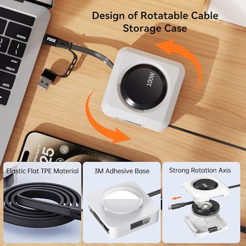 PZOZ 100W Retractable Charging Cable with LED Display, 6-in-1 USB C Fast Charger for iPhone 16/15, Samsung, iPad, MacBook, Tangle-Free Desk Organizer Cable