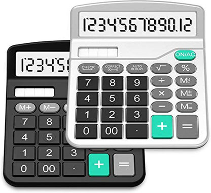 Calculator, Splaks 2 Pack Standard Functional Desktop Calculators Solar and AA Battery Dual Power Electronic Office Calculators with 12-Digit Large Display (1 Basic Black&1 Updated Silver)