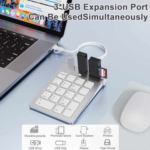 Wired Numeric Keypad with USB A/USB C, Multifunction Keys Number Pad with 3 Additional USB 2.0 Ports, 18 Keys, 15° Ergonomic Programmable Numeric Pad for Laptops, Notebooks, and Desktops